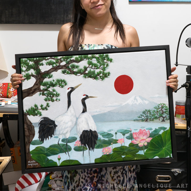 Acrylic painting commission of two Japanese cranes