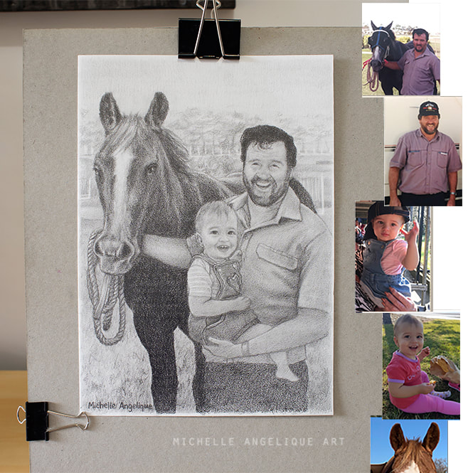 Pencil drawing commission of grandfather with baby and horse