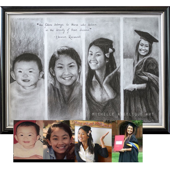 Pencil drawing commission of woman with 4 portraits - baby, child, girl, graduation
