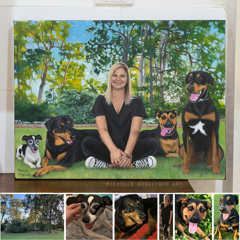 Acrylic painting commission of woman and 5 dogs