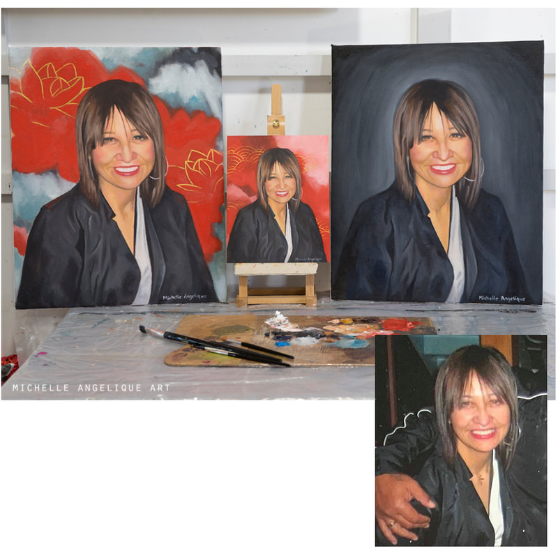 Memory commissioned 3 oil and acrylic paintings (one 8x10in on wood panel and two 16x20in on canvas) of her mother to honour her during the 10 year anniversary of her death on August 15th, 2021. These were gifts for herself and her two siblings.