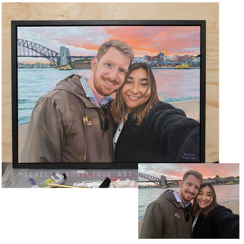 Charlie and Ashleigh at Opera Bar, Sydney. 2021. 18x24in. Oil and acrylic on canvas. Black frame.