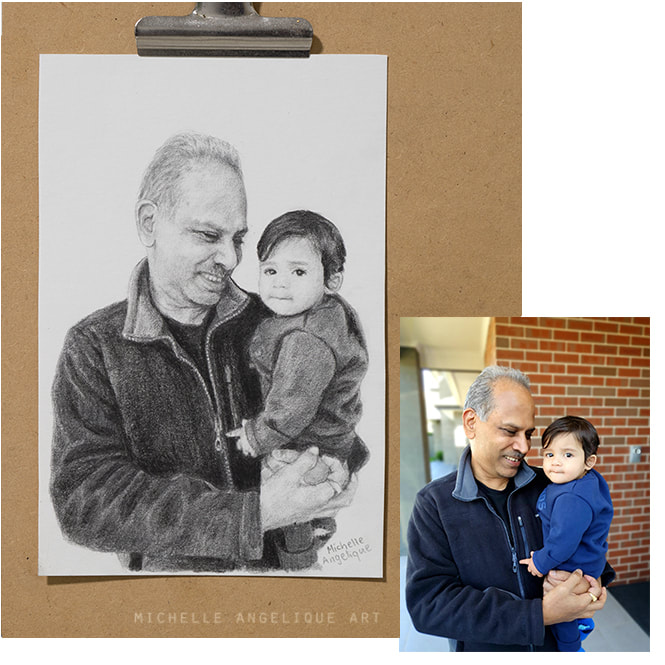 Sonia's father holding her son. A father's day gift. 2020. 4x6in. Graphite on paper.