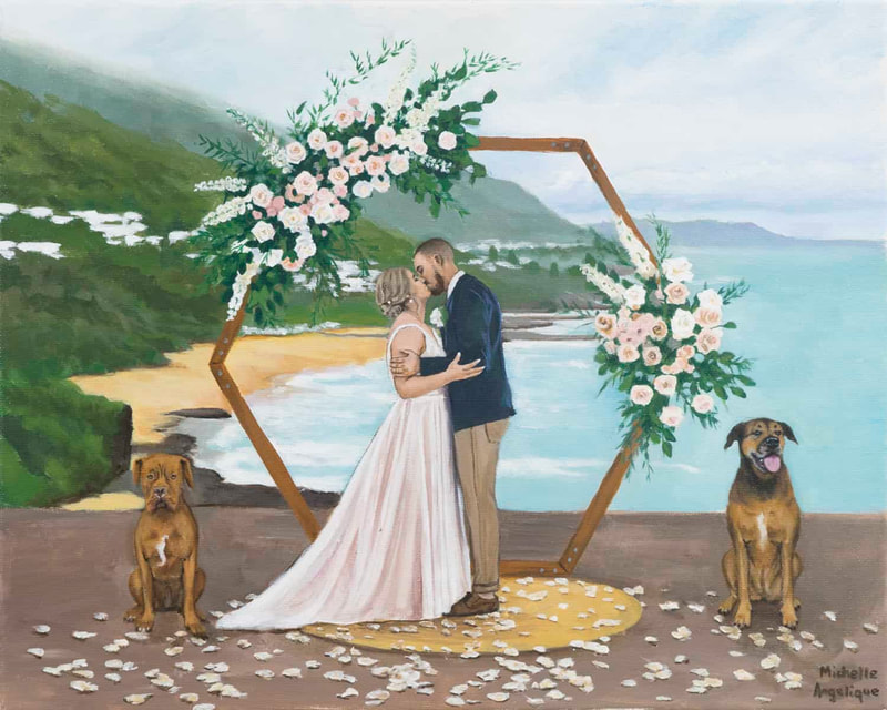  live wedding painting first kiss with dogs during wedding ceremony at headlands hotel, austinmer