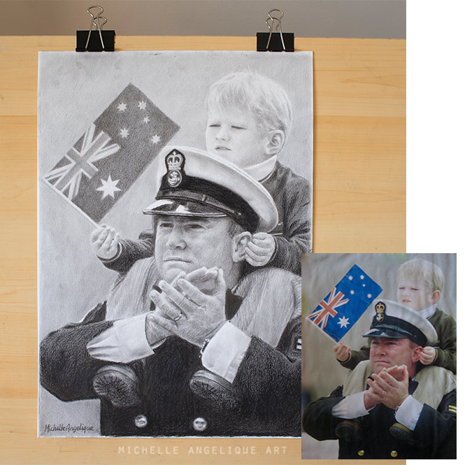 Pencil drawing commission of father and son with australian flag
