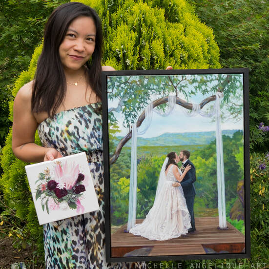 Live wedding painting of Ashleigh + Dean's first kiss at Wildwood Kangaroo Valley