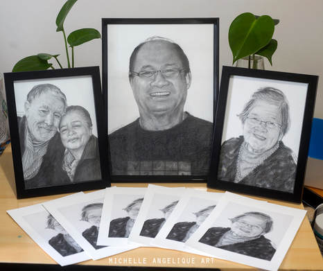 Anabel's in-laws (left), father (centre) and grandmother (right) with 6x A5 fine art prints of her grandmother.