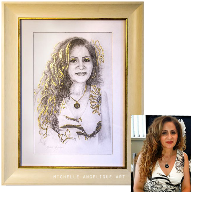Pencil drawing commission of mother with gold leaf and custom frame
