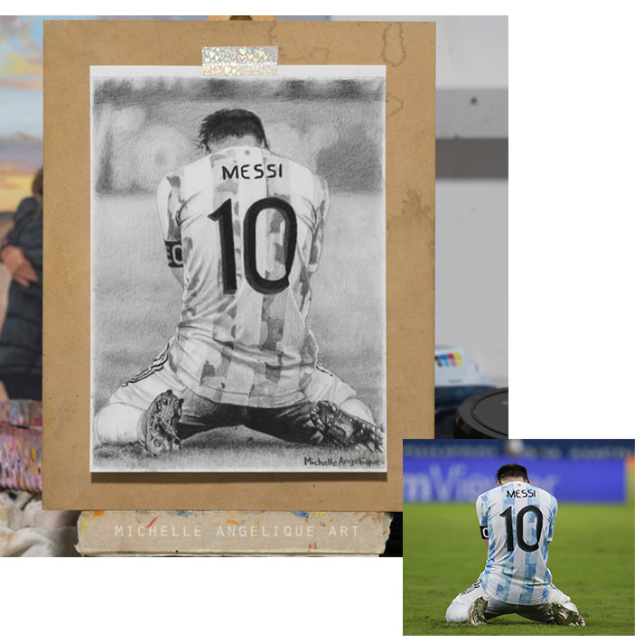 Joey commissioned this drawing of Messi as a Christmas gift for her friend. 2021. 6x8in. Graphite on paper.