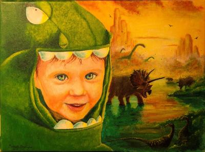 Nicholas loves dinosaurs! Acrylic on 9x12" stretched canvas. 2014
