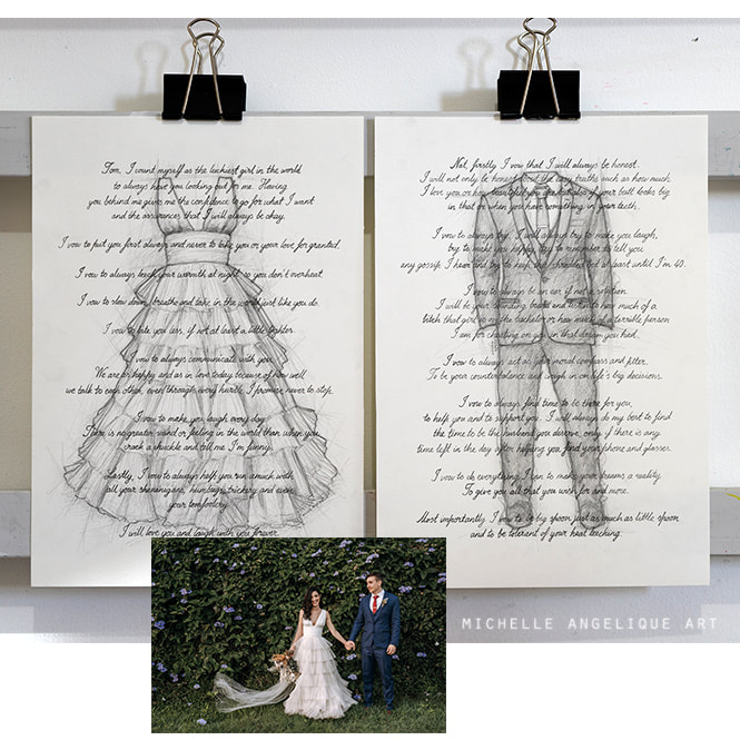 Pencil drawing commission of wedding vows over wedding dress and suit
